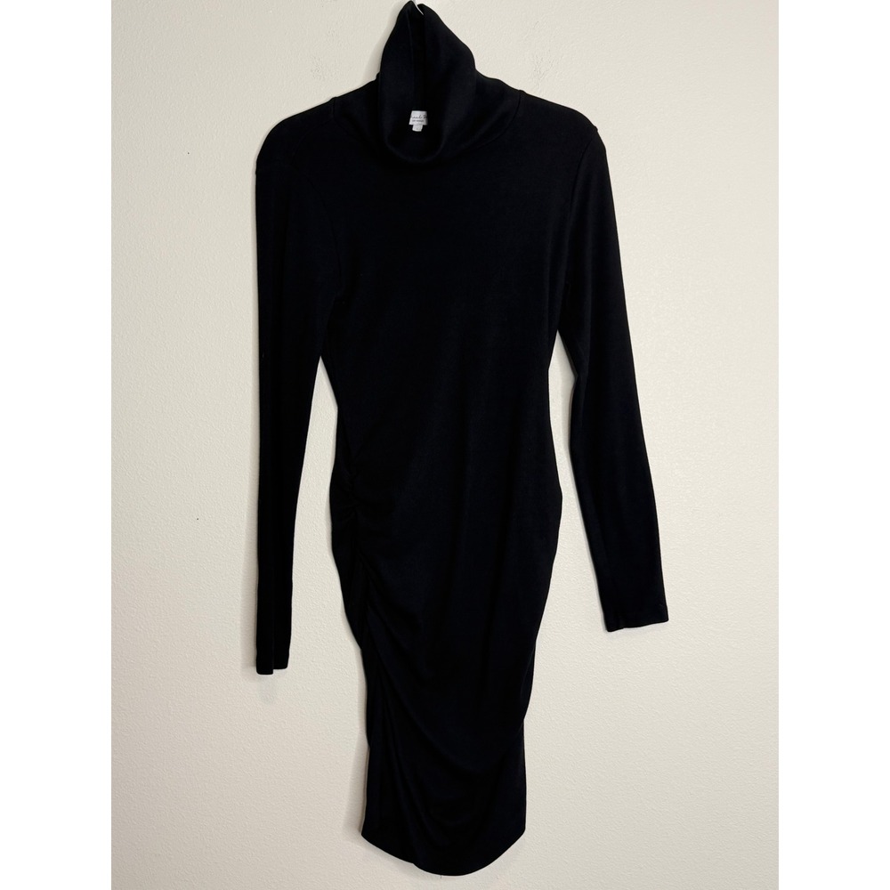 Michael Stars Black Ribbed Turtleneck Ruched Bodycon Midi Dress Large USA Made